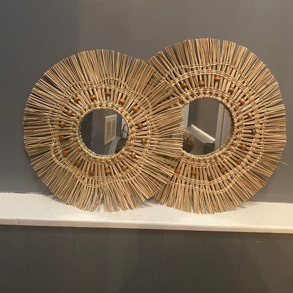 Source Unknown Other - Raffia Wood Beaded Mirrors